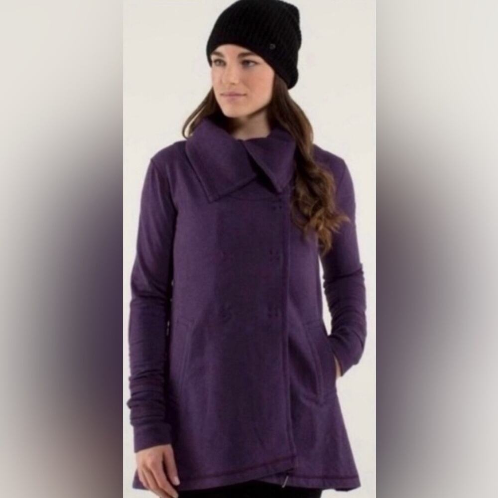 Lululemon purple long jacket with big double snaps drawstring waist cowl drape